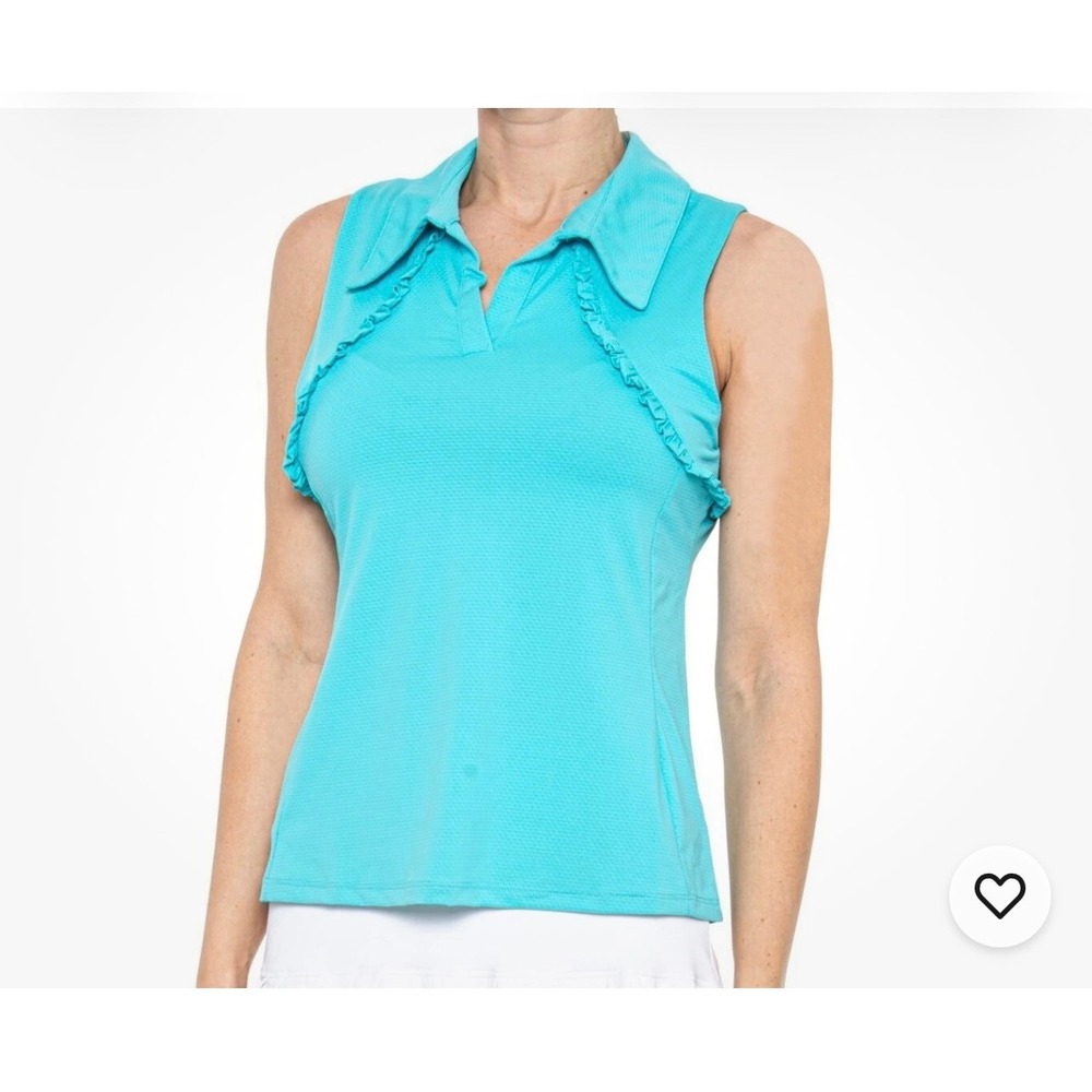 Gottex‎ Women Turquoise Blue Ruffle Trim Sleeveless Golf Polo Shirt XL RN152265